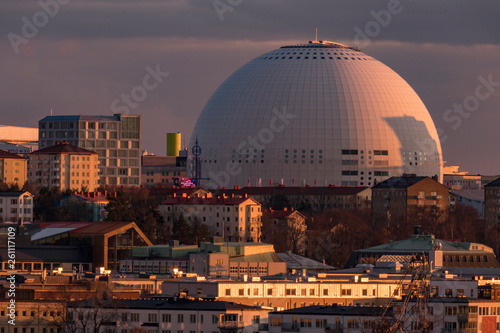 Stockholm, Sweden The Ericsson Globe Arean seen from the Fåfängan promontory above town.