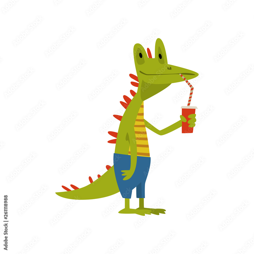 Cute Crocodile Drinking Soda with Straw, Funny Humanized Animal Cartoon  Character Vector Illustration Stock Vector | Adobe Stock