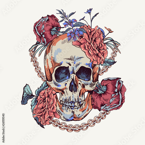 Vector Skull with roses, chains and wildflowers Day of The Dead