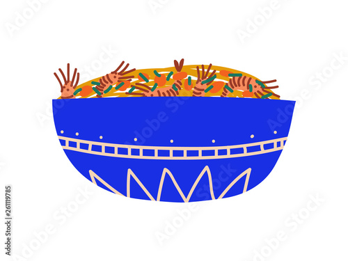 Blue Bowl of Noodles with Shrimps  Traditional Chinese or Japanese Food  Ramen Noodles Vector Illustration