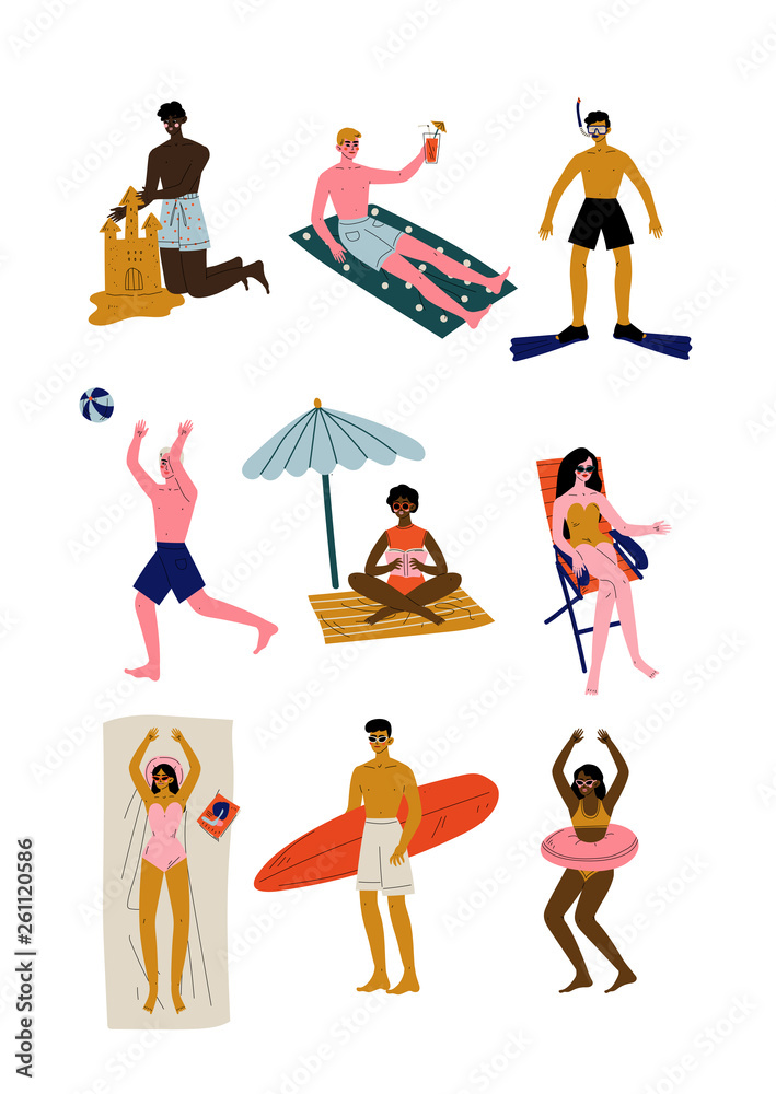 Naklejka premium People Relaxing on Beach on Summer Vacations Set, Young Men and Women of Different Nationalities Performing Leisure Outdoor Activities Vector Illustration