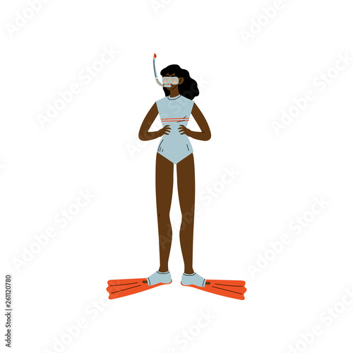 African American Girl in Swimsuit with Scuba and Flippers, Beautiful Woman Relaxing at Beach on Summer Vacations Vector Illustration