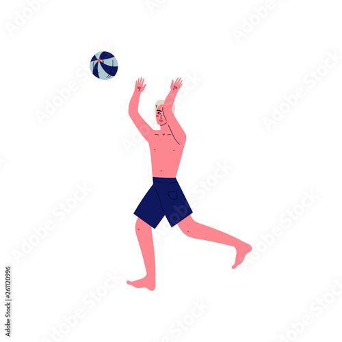 Young Man Playing Beach Volleyball, Guy Relaxing on Beach on Summer Vacations Vector Illustration © topvectors