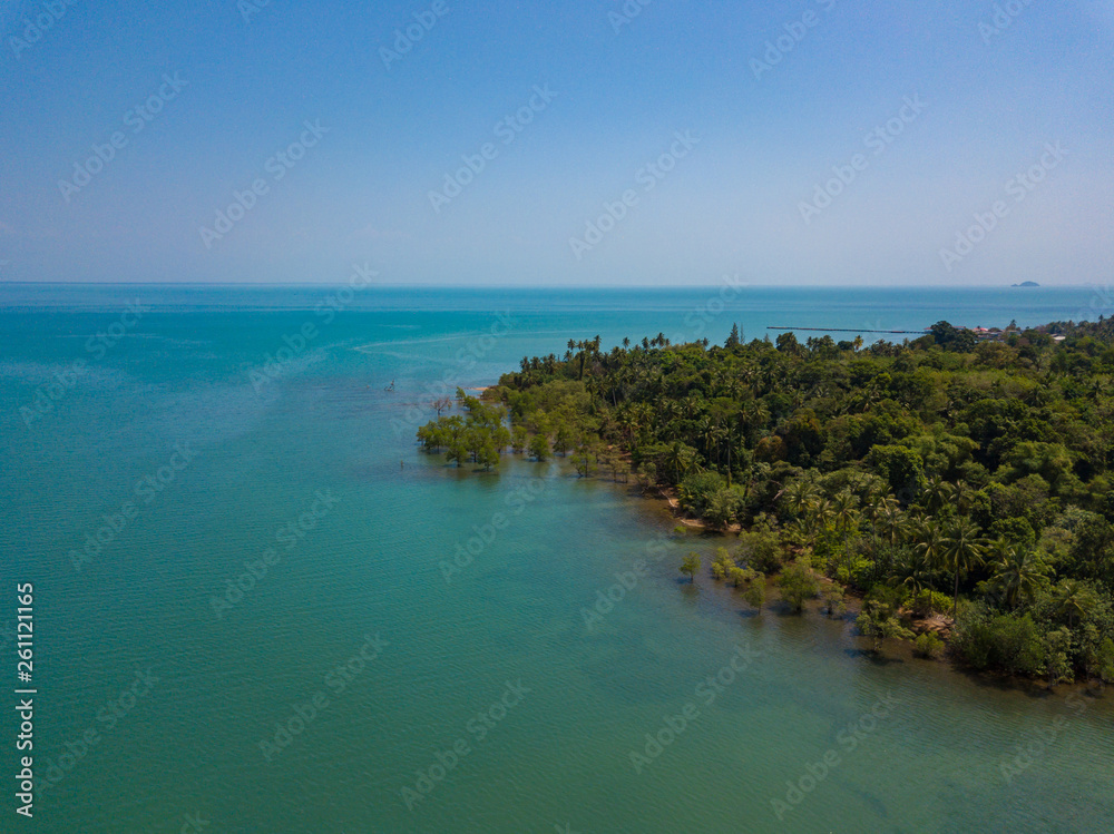 Aerial view of a green beach shore. Koh Chang, Thailand