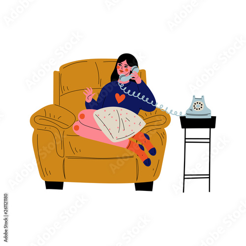 Young Woman Sitting in Armchair and Talking on Retro Phone, Girl Spending Weekend at Home and Relaxing Vector Illustration