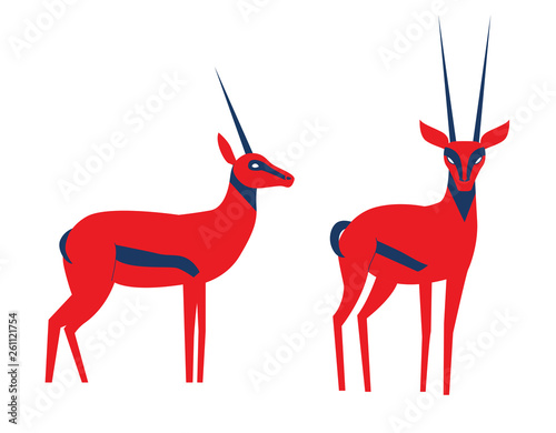 Vector illustration of antelope. Vector antelope in unusual bold colors. Antelope in differeent poses set