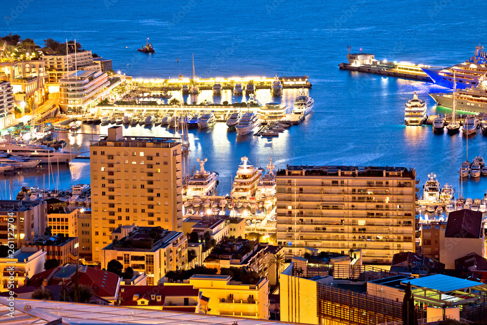 Monte Carlo yachting harbor and colorful waterfront evening view