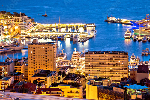 Monte Carlo yachting harbor and colorful waterfront evening view