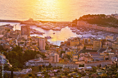 Monte Carlo yachting harbor and colorful waterfront aerial sunrise view