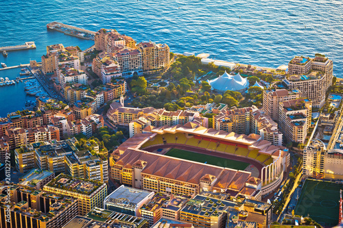 Fontvieille colorful waterfront and AS Monaco stadium aerial view