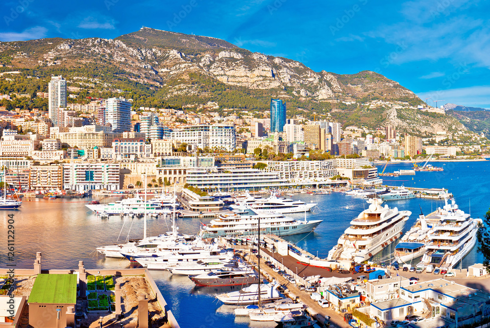 Monaco and Monte Carlo cityscape and harbor colorful panoramic view