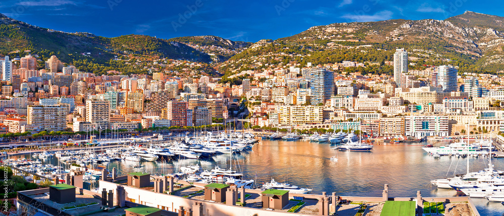 Monaco and Monte Carlo cityscape and harbor colorful panoramic view