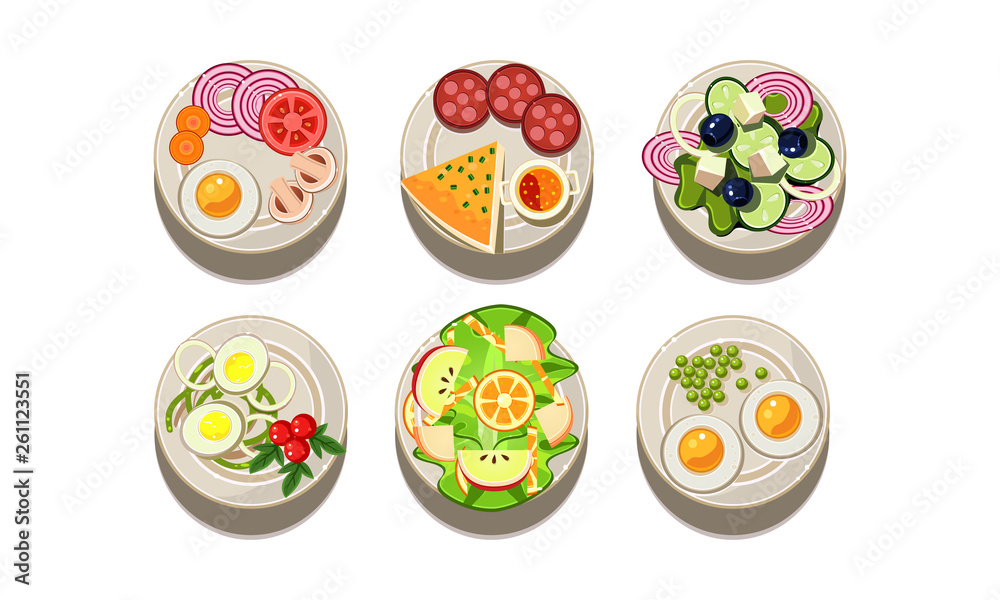 Flat vector set of different tasty dishes. Food for breakfast and dinner. Culinary theme. Elements for cafe or restaurant menu Flat vector set of different tasty dishes. Food for breakfast and dinner. Culinary theme. Elements for cafe or restaurant menu
