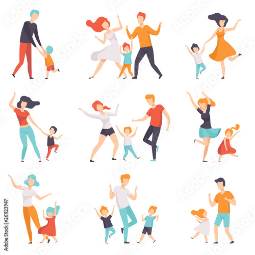 Parents dancing with their children set, kids having good time with their dads and moms vector Illustrations on a white background