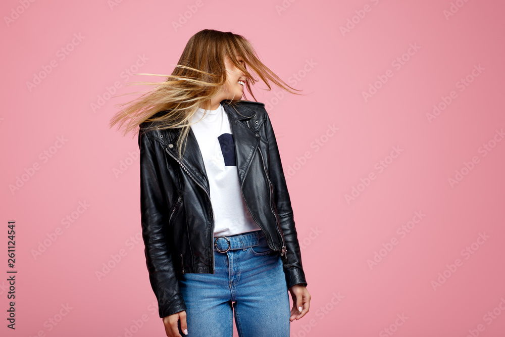 Happy young woman with bright smile over pink background. Happy young woman with bright smile over pink background.