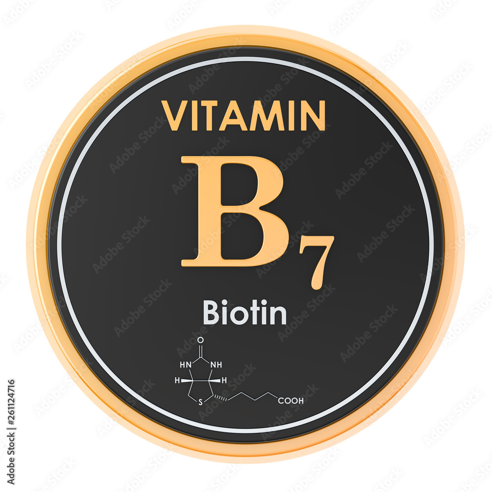 Vitamin B7, biotin. Circle icon, chemical formula, molecular structure. 3D rendering