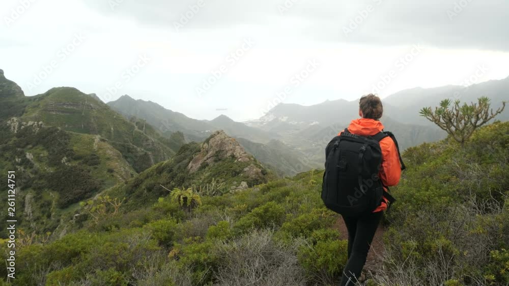 Young woman walking high in mountains among cactuses and tropical plants in beautiful scenery. Lady on the tourist route in Canary Islands, Tenerife. Young woman walking high in mountains among cactuses and tropical plants in beautiful scenery. Lady on the tourist route in Canary Islands, Tenerife.