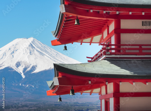 Chureito Pagoda with Mount Fuji in Sunny Day. Fujiyoshida City, Japan, This landmark is most popular for tourist attractions in Japan.