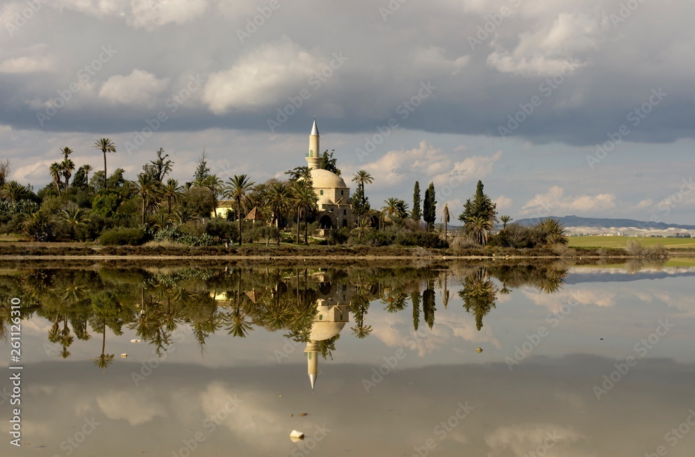 Landscape of Hala Sultan Tekke mosque in Cyprus with cloudy sky