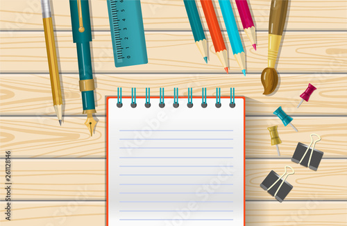 Workplace desktop with pencils, pen, bruch, notebook. Cartoon vector illustration mock up. 
