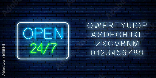 Glowing neon sign of open 24 hours 7 days a week store in geometric shape with alphabet. Vector illustration.