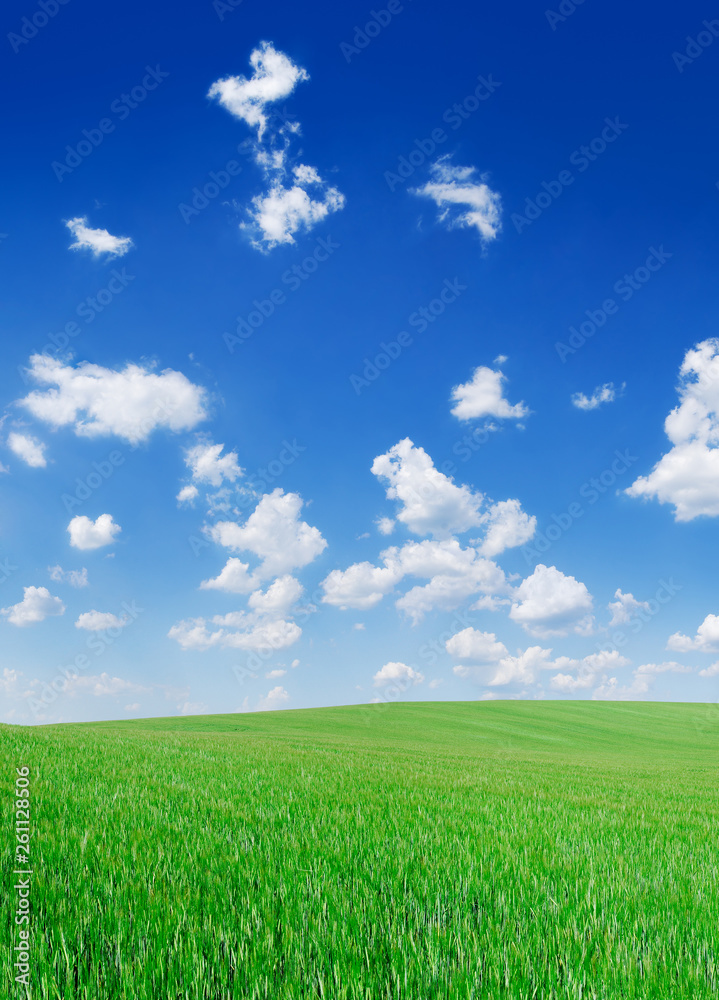 Idyllic view, green hills and blue sky with white clouds Idyllic view, green hills and blue sky with white clouds
