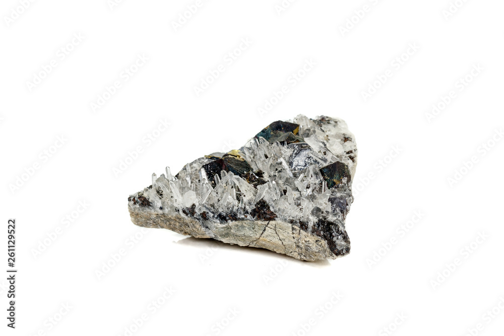 Macro stone mineral Pyrrhotite, quartz, Sphalerite, calcite, Galena on white background