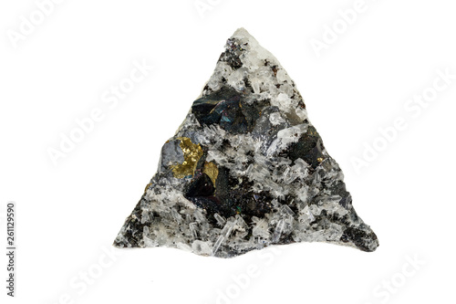 Macro stone mineral Pyrrhotite, quartz, Sphalerite, calcite, Galena on white background photo