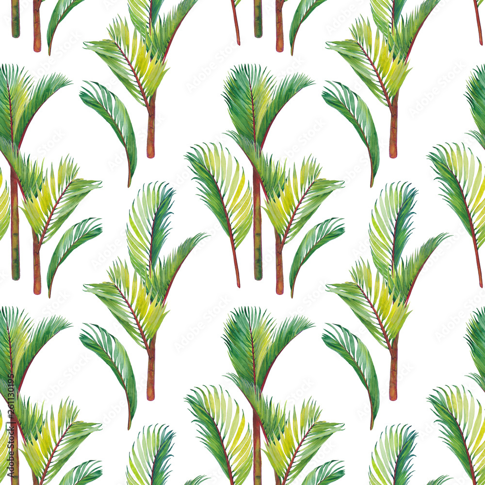 Tropical seamless pattern with red lipstick palm trees. Watercolor on white background. Tropical seamless pattern with red lipstick palm trees. Watercolor on white background.