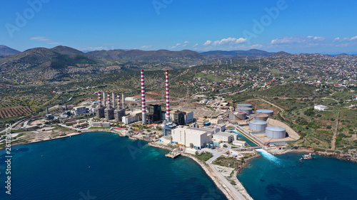 Fototapeta Naklejka Na Ścianę i Meble -  Aerial drone photo of industrial power plant in area of Lavrio, South Attica, Greece