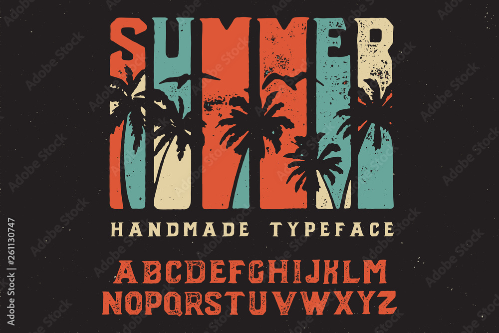 Summer. Retro font. Bold handmade font. Retro color. Sport and surf. Summer print on shirt. - obrazy, fototapety, plakaty 