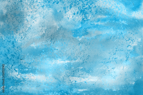 Blue watercolor paper textures on white background. Chaotic abstract organic design.
