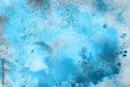Blue watercolor paper textures on white background. Chaotic abstract organic design.