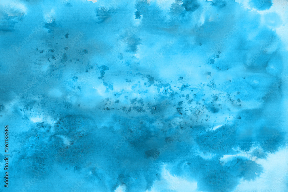 Blue watercolor paper textures on white background. Chaotic abstract organic design.