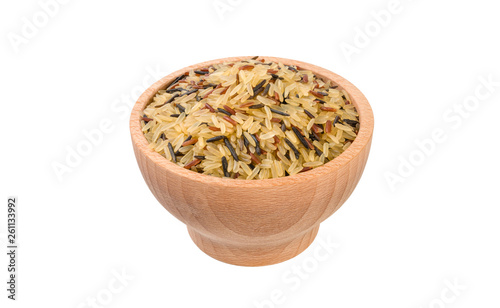 rice mix in wooden bowl isolated on white background. nutrition. food ingredient. variety of white parboiled,red and wild rice.