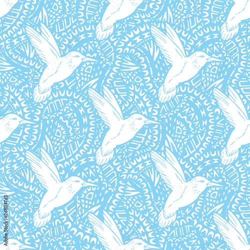 Seamless pattern with hand drawn hummingbird.