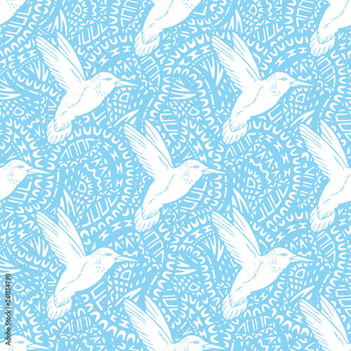 Seamless pattern with hand drawn hummingbird. Vector illustration