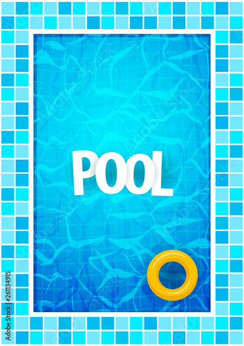 Summer pool party poster template. Water and palms, inflatable yellow mattress. Vector illustration.