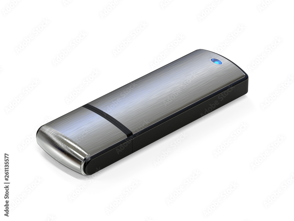 USB flash drive on a white background. Memory card in a stylish package. A flash drive in an iron case. 3D Illustration