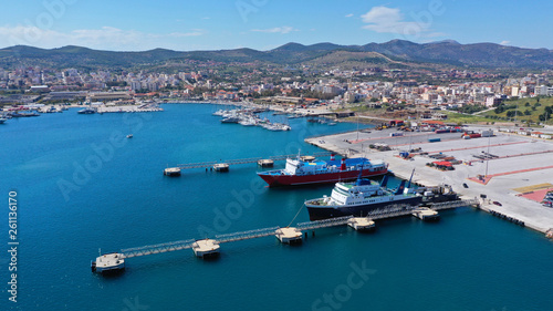 Aerial drone photo of famous port of Lavrio in South Attica where passenger ships travel to popular Aegean destinations, Greece © aerial-drone
