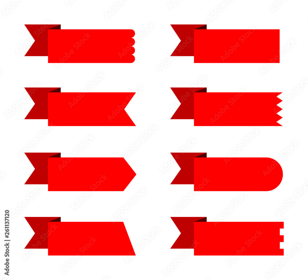 Set red ribbons banners flat Isolated on white background. vector illustration.