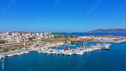 Aerial drone photo of famous port of Lavrio in South Attica where passenger ships travel to popular Aegean destinations, Greece