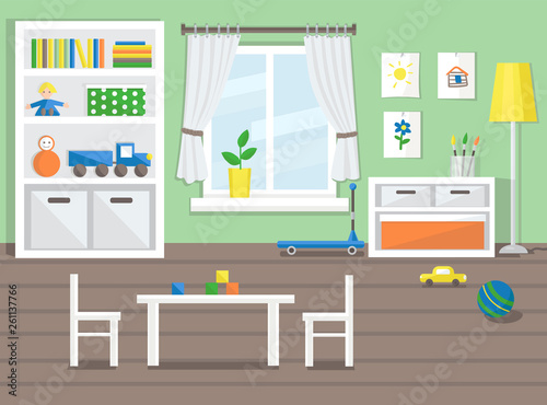 Kids playroom with furniture and toys. Classroom in kindergarten for young children. Vector illustration.
