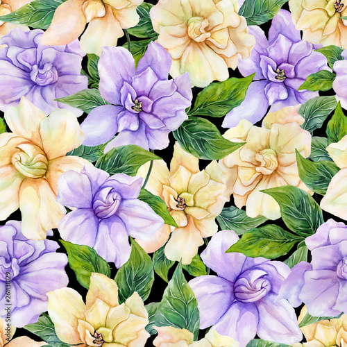 Beautiful gardenia flowers with leaves in seamless floral pattern. Pastel colored botanical background. Watercolor painting. Hand drawn and painted illustration.