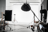 empty photo Studio with white cyclorama. Monoblocks with flashes using softboxes of different shapes. photographic studio space with white cyclorama