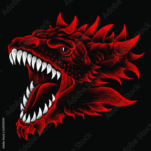 The Vector logo dragon for T-shirt design or outwear.  Hunting style dragon background.
