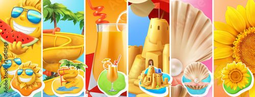Summer vacation. Sun, water slide, cocktail, sand castle, pearl shell, sunflower. 3d vector icon set