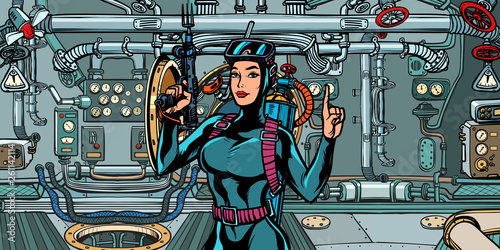 female diver hunter in submarine. military commando fighter