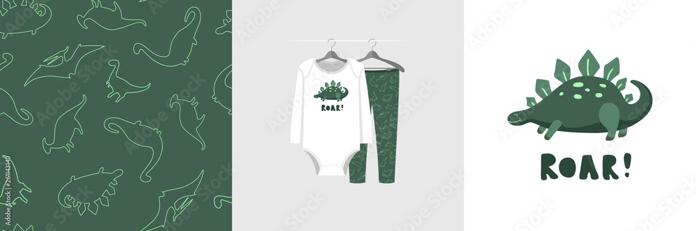 Seamless pattern and illustration for kid with dinosaurs, text Roar. Cute design pajamas on hanger. Baby background for clothes wear, room decor, t-shirt print, baby shower invitation, wrapping Seamless pattern and illustration for kid with dinosaurs, text Roar. Cute design pajamas on hanger. Baby background for clothes wear, room decor, t-shirt print, baby shower invitation, wrapping