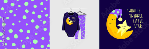 Seamless pattern and illustration for kid with moon, Twinkle twinkle little star. Cute design pajamas on hanger. Baby background for fashion clothes, room decor, t-shirt, baby shower, wrapping